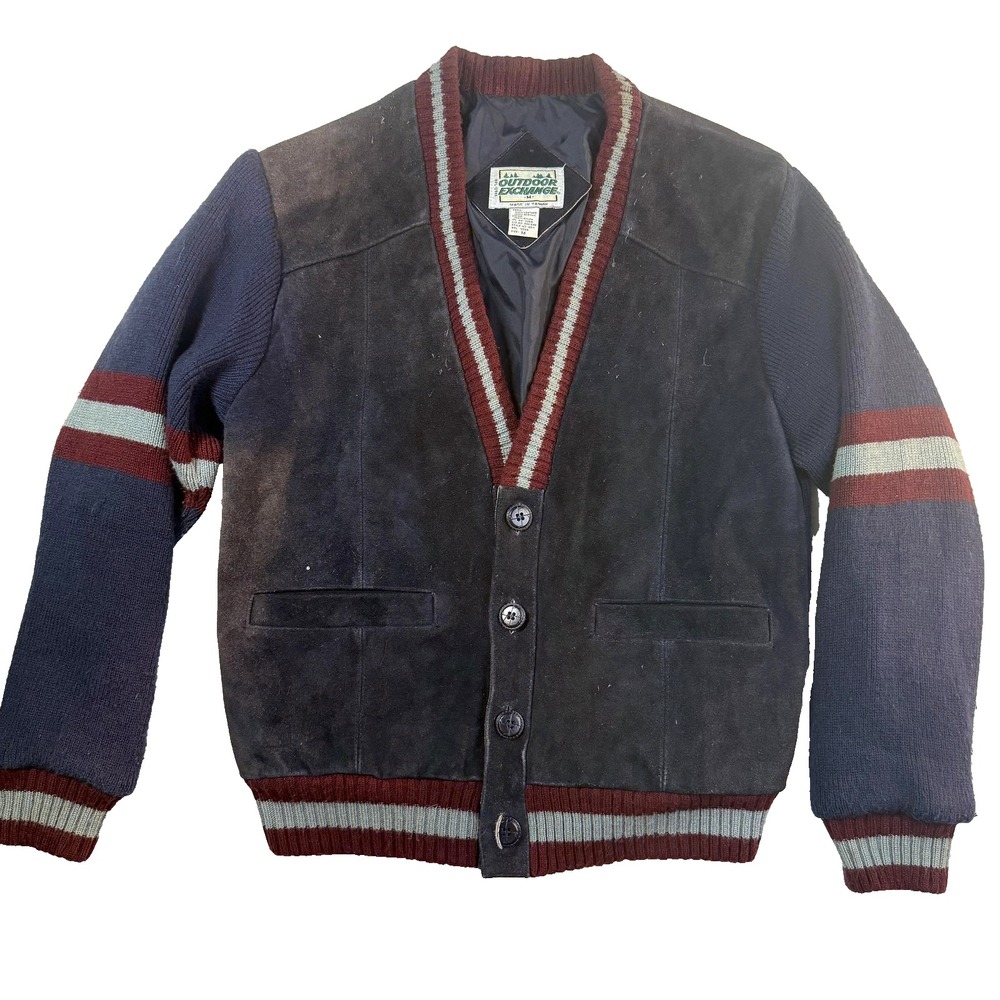 Vintage 80s Outdoor Exchange Suede Leather Varsity Jacket Mens M Knit Cardigan